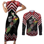 New Zealand Christmas Taniko Poutama Couples Matching Short Sleeve Bodycon Dress and Long Sleeve Button Shirt Flora Map with Birds - Aussie Hoodie