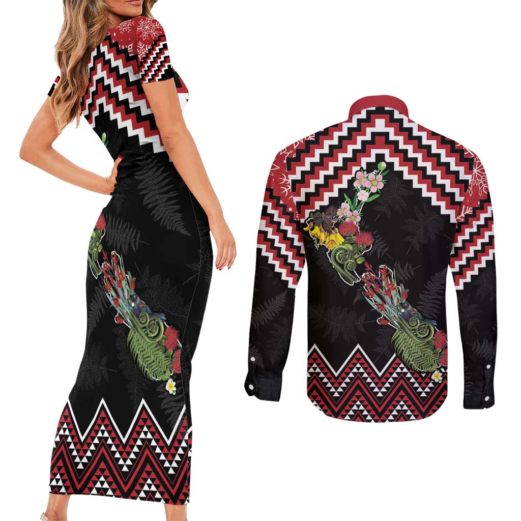 New Zealand Christmas Taniko Poutama Couples Matching Short Sleeve Bodycon Dress and Long Sleeve Button Shirt Flora Map with Birds - Aussie Hoodie