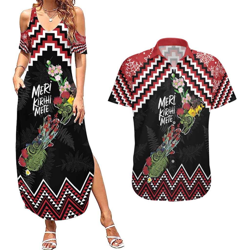New Zealand Christmas Taniko Poutama Couples Matching Summer Maxi Dress and Hawaiian Shirt Flora Map with Birds - Aussie Hoodie