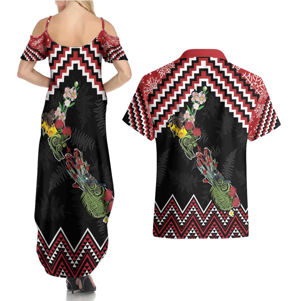 New Zealand Christmas Taniko Poutama Couples Matching Summer Maxi Dress and Hawaiian Shirt Flora Map with Birds - Aussie Hoodie