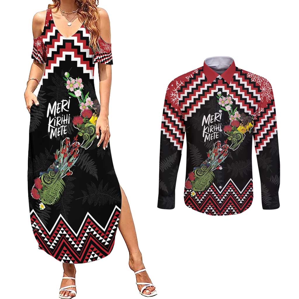 New Zealand Christmas Taniko Poutama Couples Matching Summer Maxi Dress and Long Sleeve Button Shirt Flora Map with Birds - Aussie Hoodie