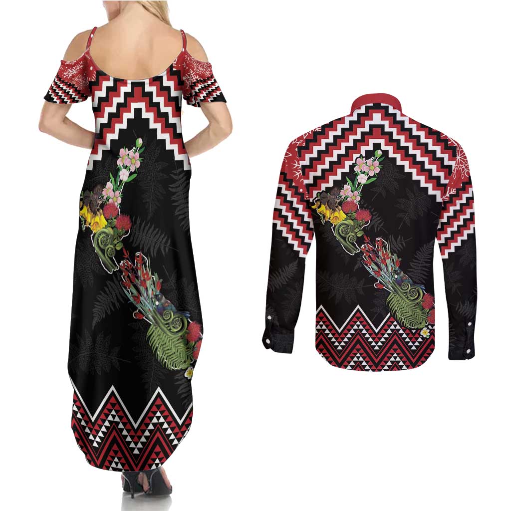 New Zealand Christmas Taniko Poutama Couples Matching Summer Maxi Dress and Long Sleeve Button Shirt Flora Map with Birds - Aussie Hoodie