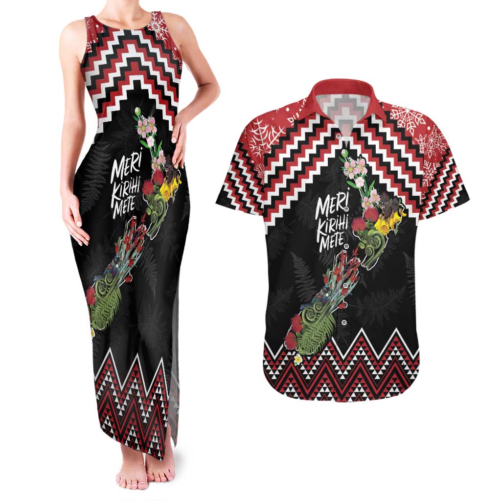 New Zealand Christmas Taniko Poutama Couples Matching Tank Maxi Dress and Hawaiian Shirt Flora Map with Birds - Aussie Hoodie
