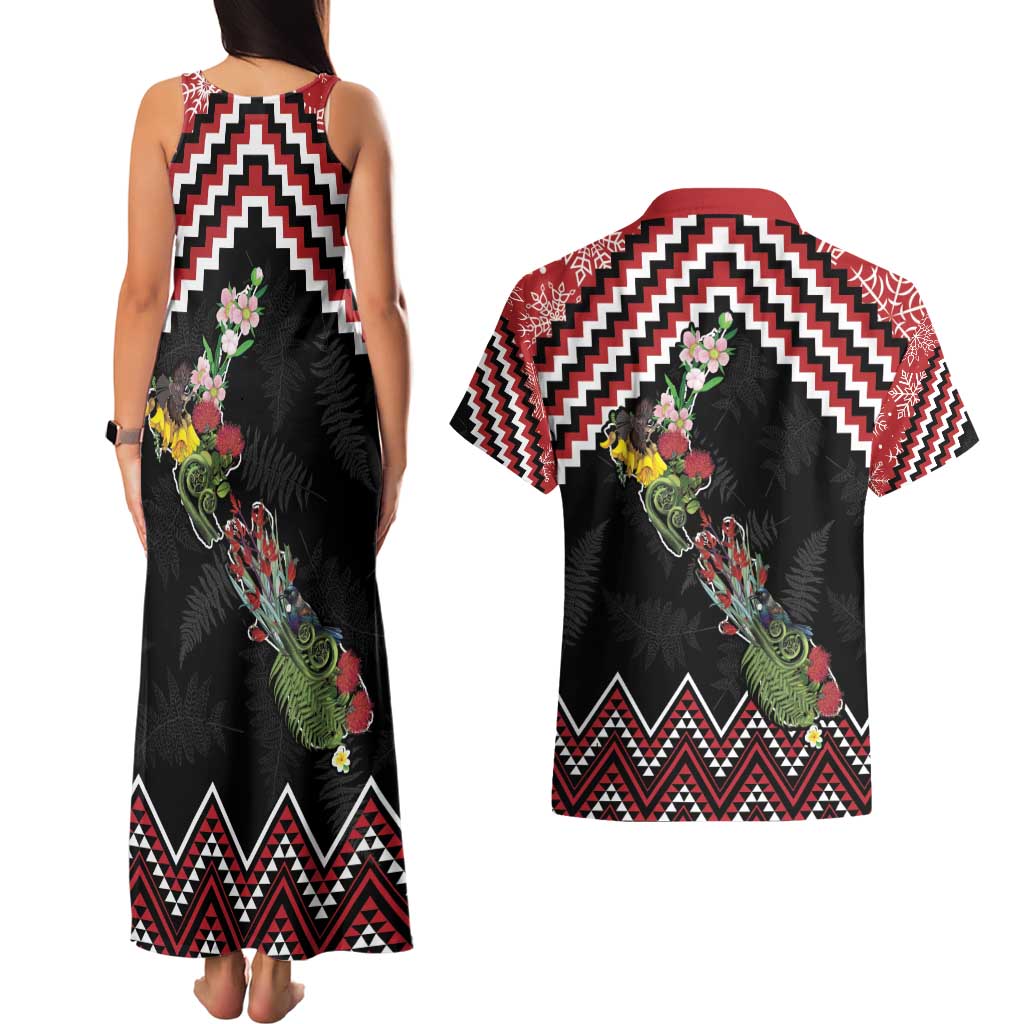 New Zealand Christmas Taniko Poutama Couples Matching Tank Maxi Dress and Hawaiian Shirt Flora Map with Birds - Aussie Hoodie
