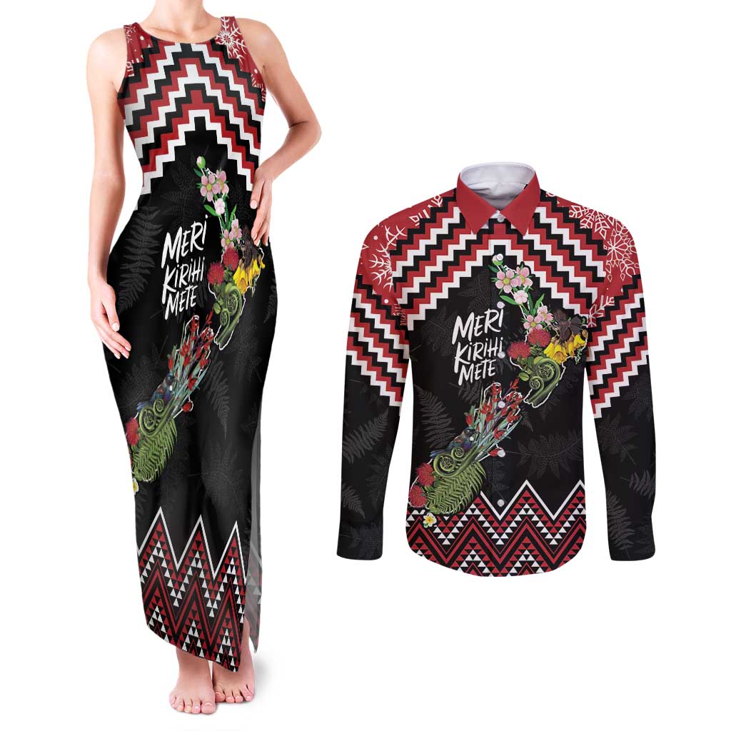 New Zealand Christmas Taniko Poutama Couples Matching Tank Maxi Dress and Long Sleeve Button Shirt Flora Map with Birds - Aussie Hoodie