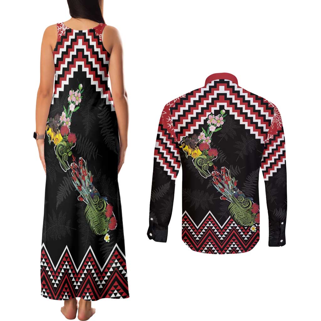 New Zealand Christmas Taniko Poutama Couples Matching Tank Maxi Dress and Long Sleeve Button Shirt Flora Map with Birds - Aussie Hoodie