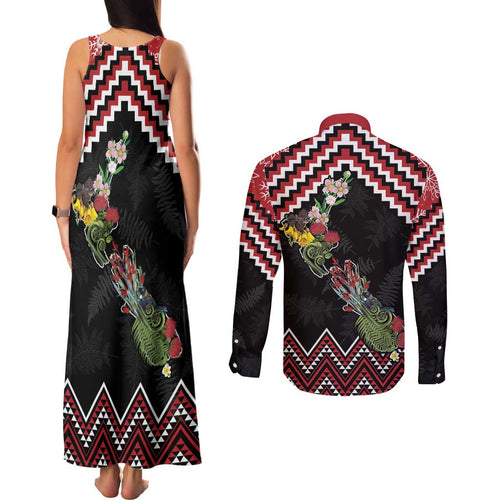 New Zealand Christmas Taniko Poutama Couples Matching Tank Maxi Dress and Long Sleeve Button Shirt Flora Map with Birds - Aussie Hoodie