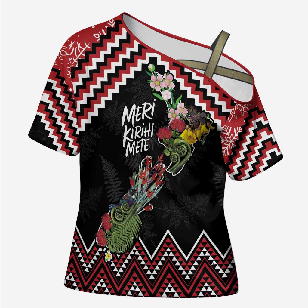 New Zealand Christmas Taniko Poutama Cross Shoulder Shirt Flora Map with Birds - Aussie Hoodie