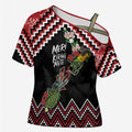 New Zealand Christmas Taniko Poutama Cross Shoulder Shirt Flora Map with Birds - Aussie Hoodie