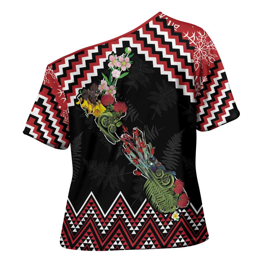 New Zealand Christmas Taniko Poutama Cross Shoulder Shirt Flora Map with Birds - Aussie Hoodie
