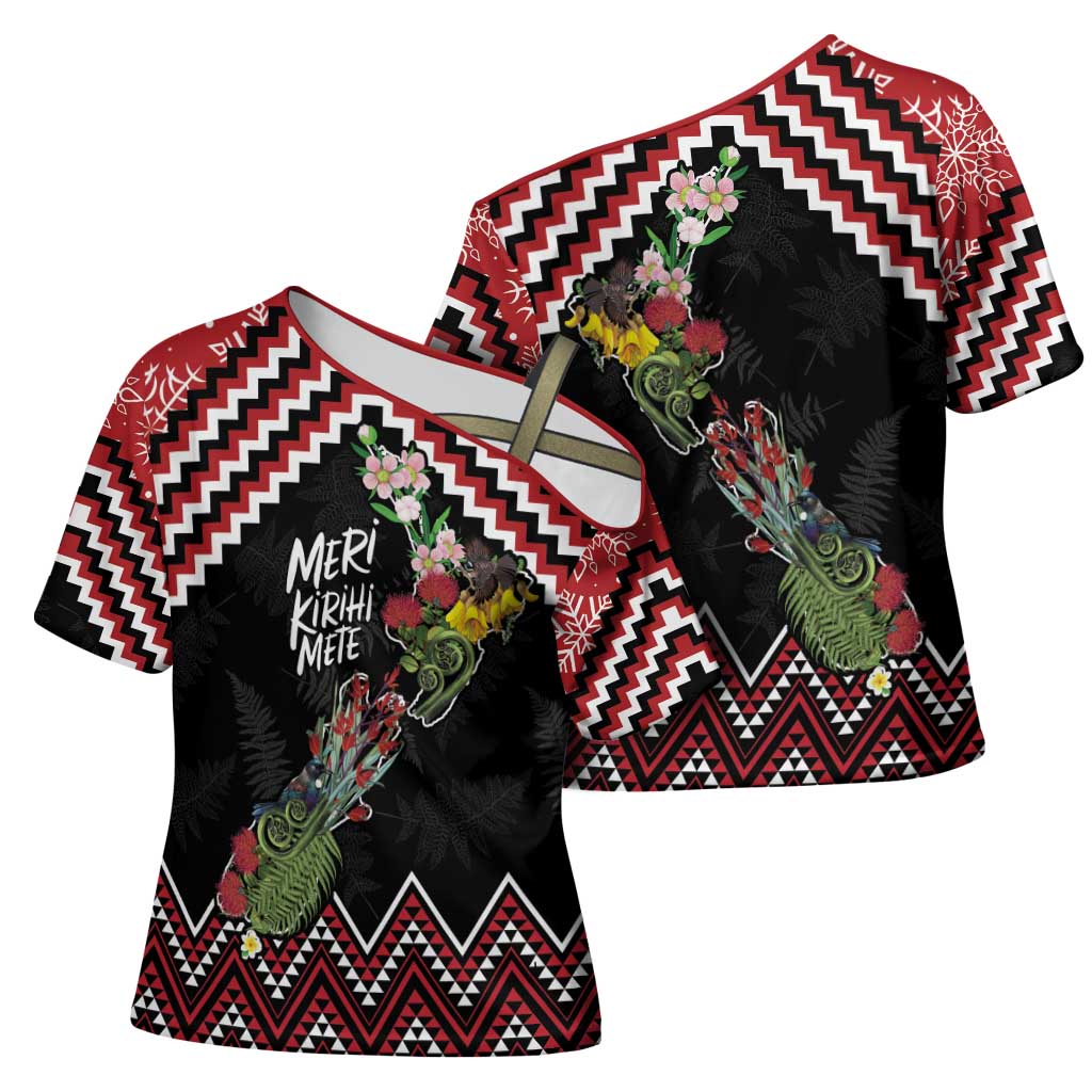 New Zealand Christmas Taniko Poutama Cross Shoulder Shirt Flora Map with Birds - Aussie Hoodie
