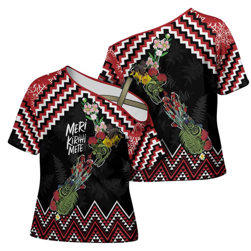 New Zealand Christmas Taniko Poutama Cross Shoulder Shirt Flora Map with Birds - Aussie Hoodie