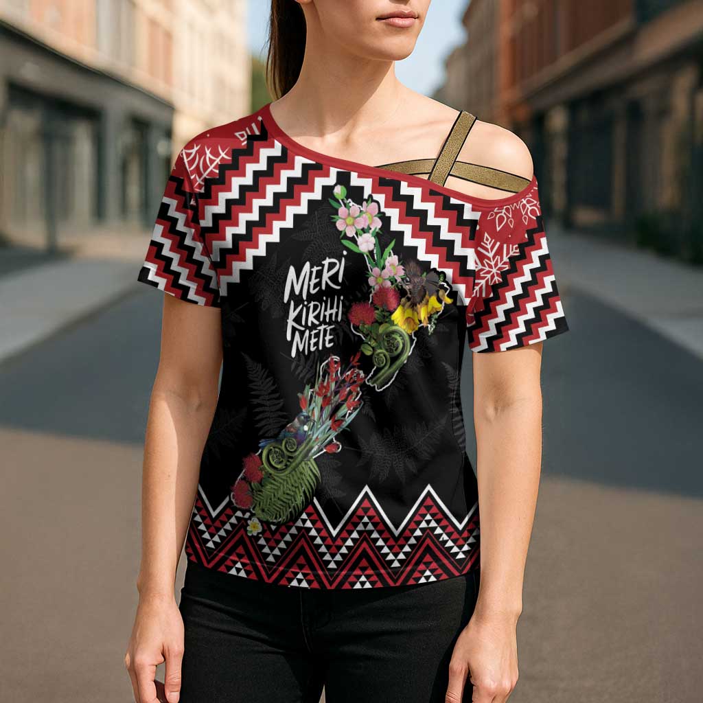 New Zealand Christmas Taniko Poutama Cross Shoulder Shirt Flora Map with Birds - Aussie Hoodie