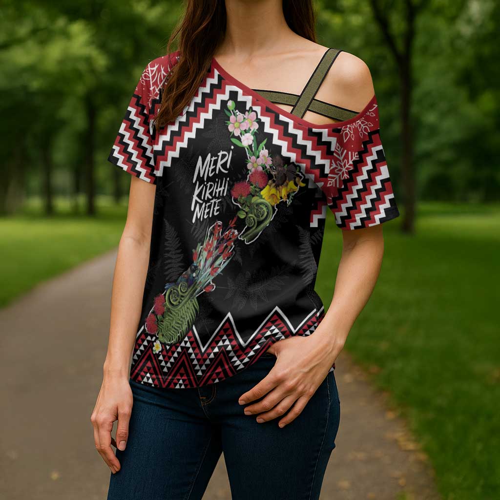 New Zealand Christmas Taniko Poutama Cross Shoulder Shirt Flora Map with Birds - Aussie Hoodie