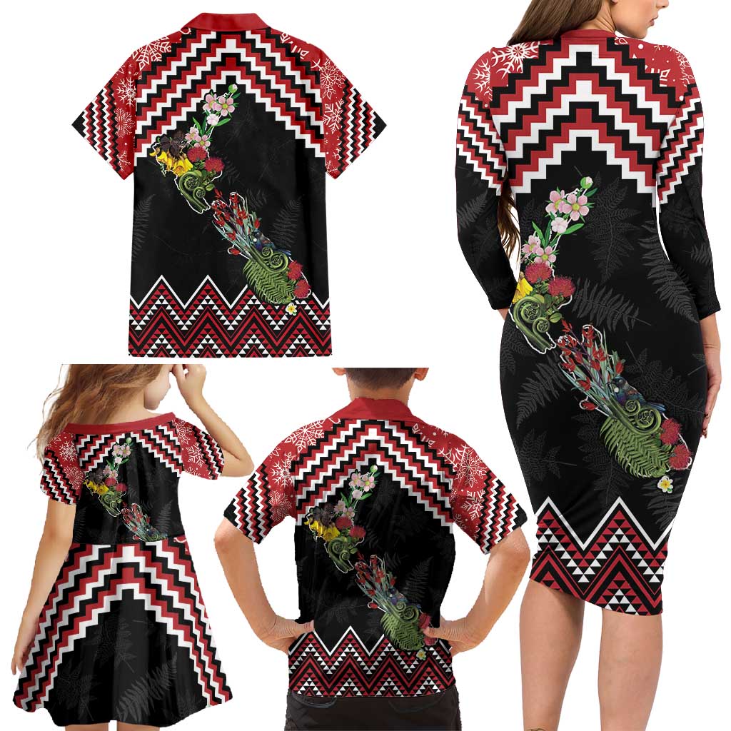 New Zealand Christmas Taniko Poutama Family Matching Long Sleeve Bodycon Dress and Hawaiian Shirt Flora Map with Birds - Aussie Hoodie