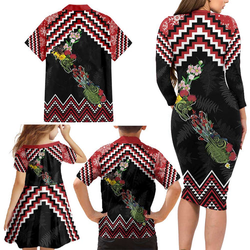 New Zealand Christmas Taniko Poutama Family Matching Long Sleeve Bodycon Dress and Hawaiian Shirt Flora Map with Birds - Aussie Hoodie