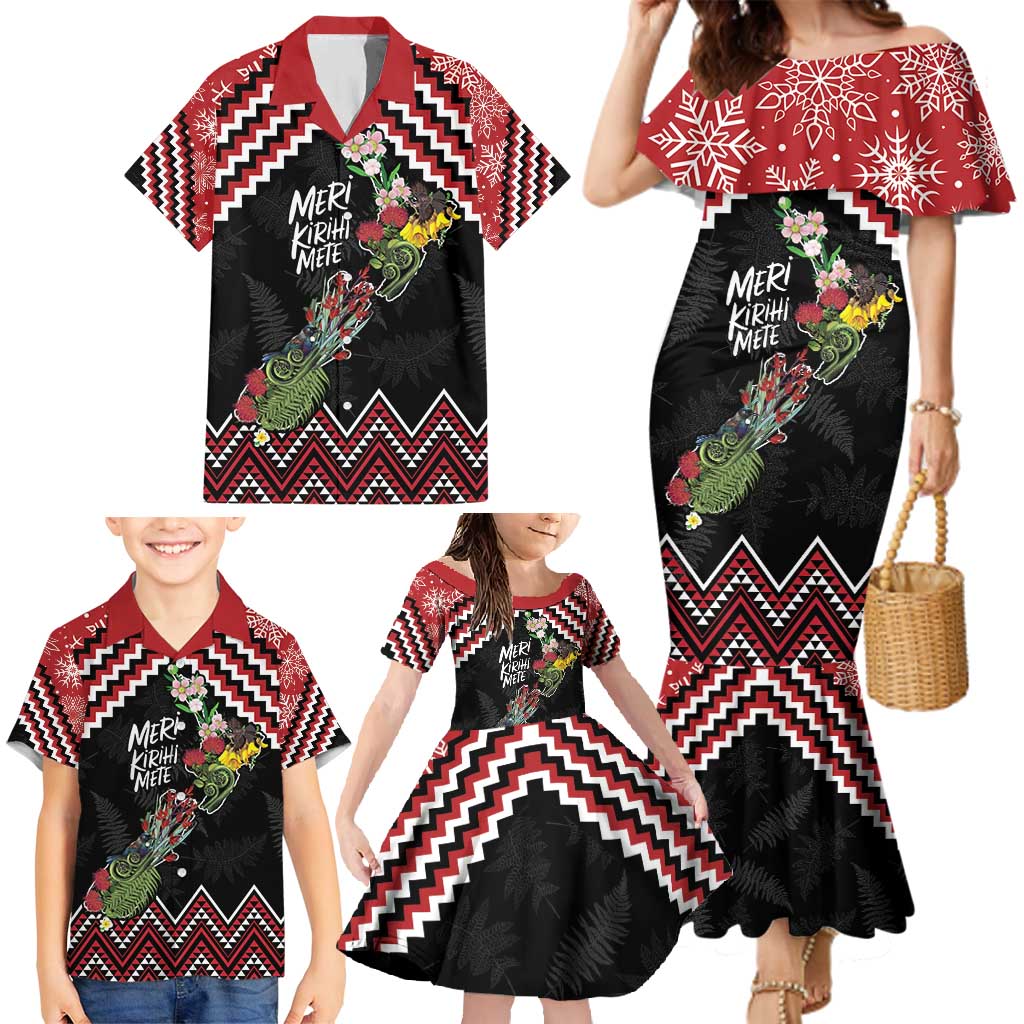 New Zealand Christmas Taniko Poutama Family Matching Mermaid Dress and Hawaiian Shirt Flora Map with Birds - Aussie Hoodie