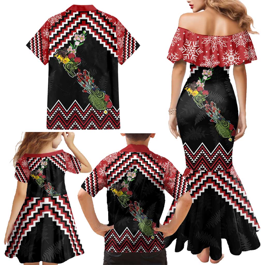 New Zealand Christmas Taniko Poutama Family Matching Mermaid Dress and Hawaiian Shirt Flora Map with Birds - Aussie Hoodie