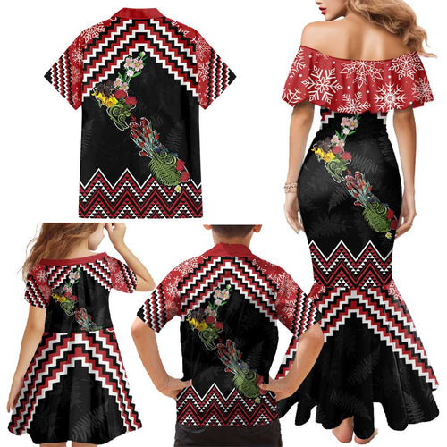 New Zealand Christmas Taniko Poutama Family Matching Mermaid Dress and Hawaiian Shirt Flora Map with Birds - Aussie Hoodie