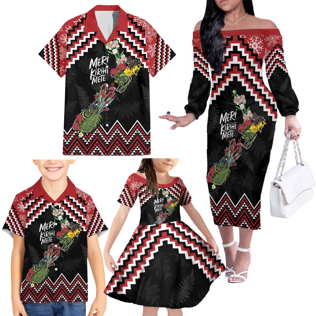 New Zealand Christmas Taniko Poutama Family Matching Off The Shoulder Long Sleeve Dress and Hawaiian Shirt Flora Map with Birds - Aussie Hoodie