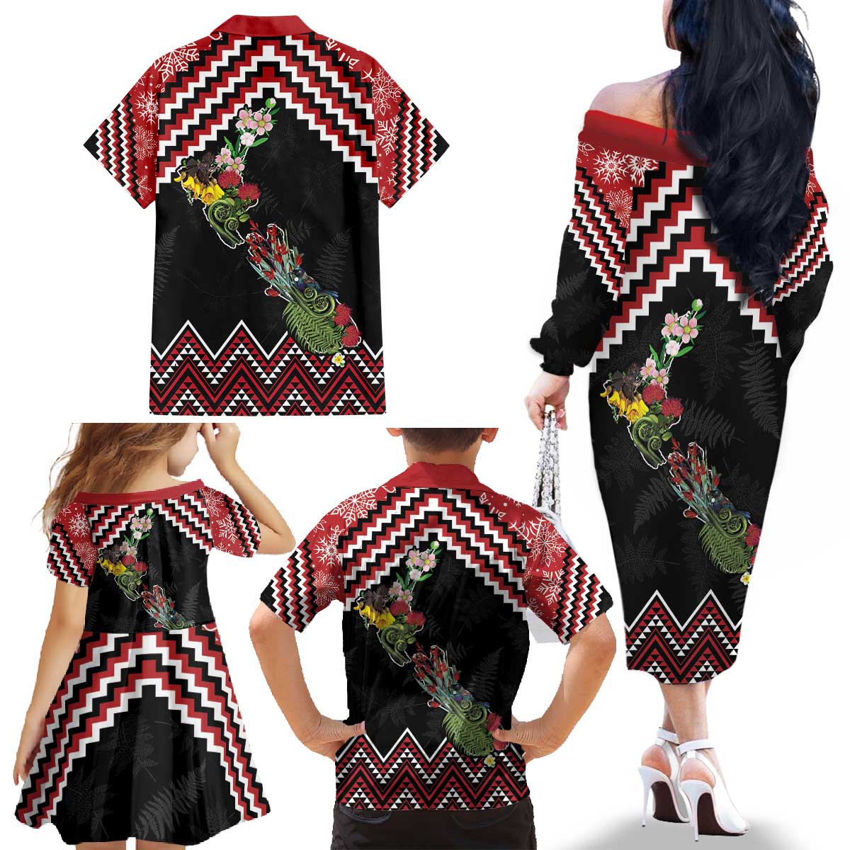 New Zealand Christmas Taniko Poutama Family Matching Off The Shoulder Long Sleeve Dress and Hawaiian Shirt Flora Map with Birds - Aussie Hoodie