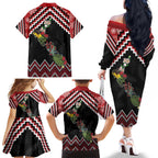 New Zealand Christmas Taniko Poutama Family Matching Off The Shoulder Long Sleeve Dress and Hawaiian Shirt Flora Map with Birds - Aussie Hoodie