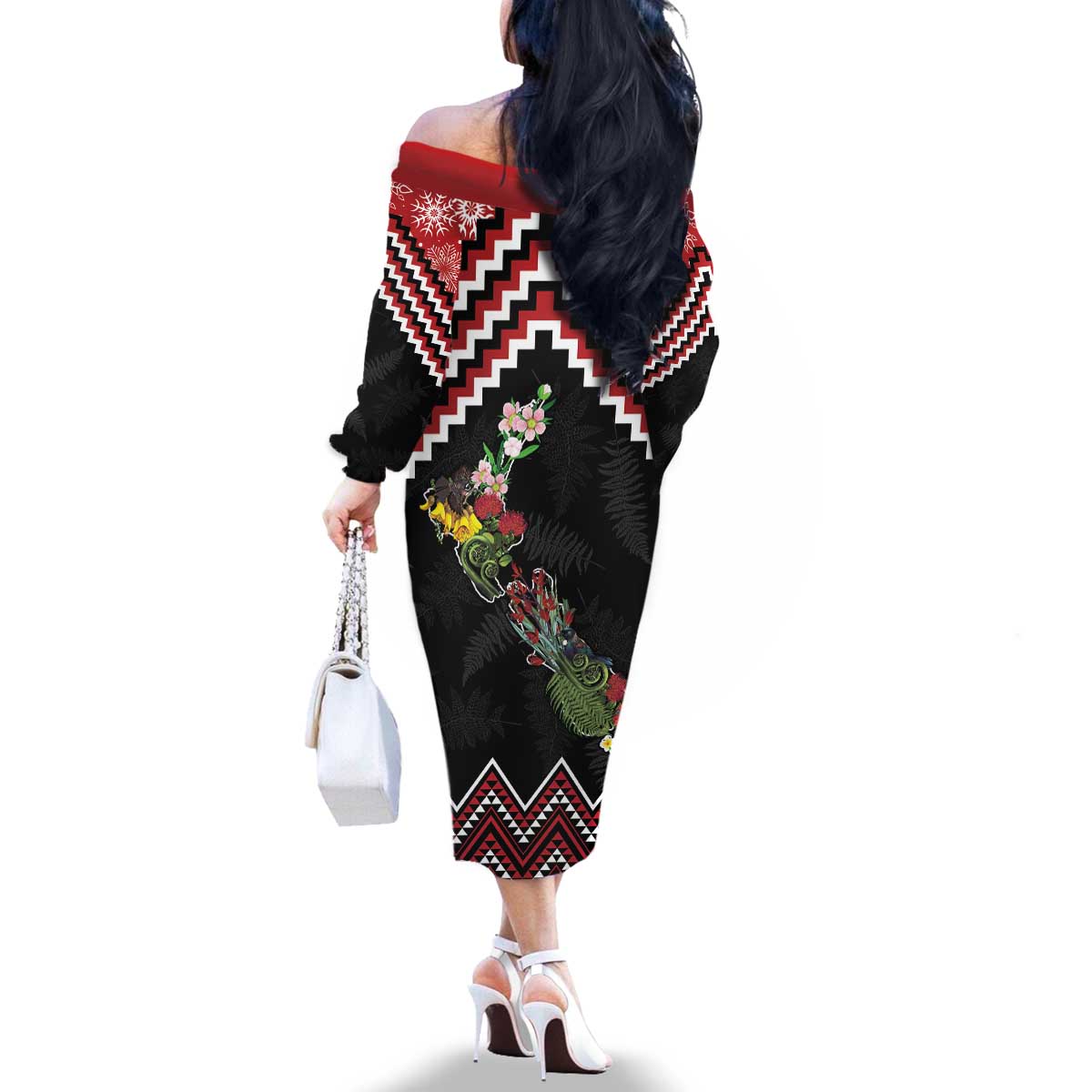 New Zealand Christmas Taniko Poutama Family Matching Off The Shoulder Long Sleeve Dress and Hawaiian Shirt Flora Map with Birds - Aussie Hoodie