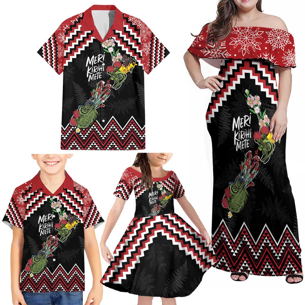 New Zealand Christmas Taniko Poutama Family Matching Off Shoulder Maxi Dress and Hawaiian Shirt Flora Map with Birds - Aussie Hoodie