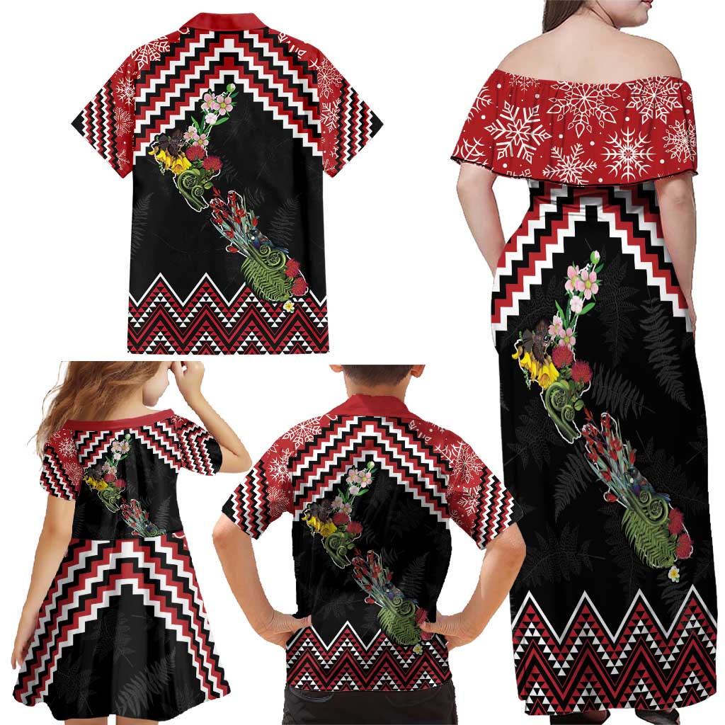 New Zealand Christmas Taniko Poutama Family Matching Off Shoulder Maxi Dress and Hawaiian Shirt Flora Map with Birds - Aussie Hoodie