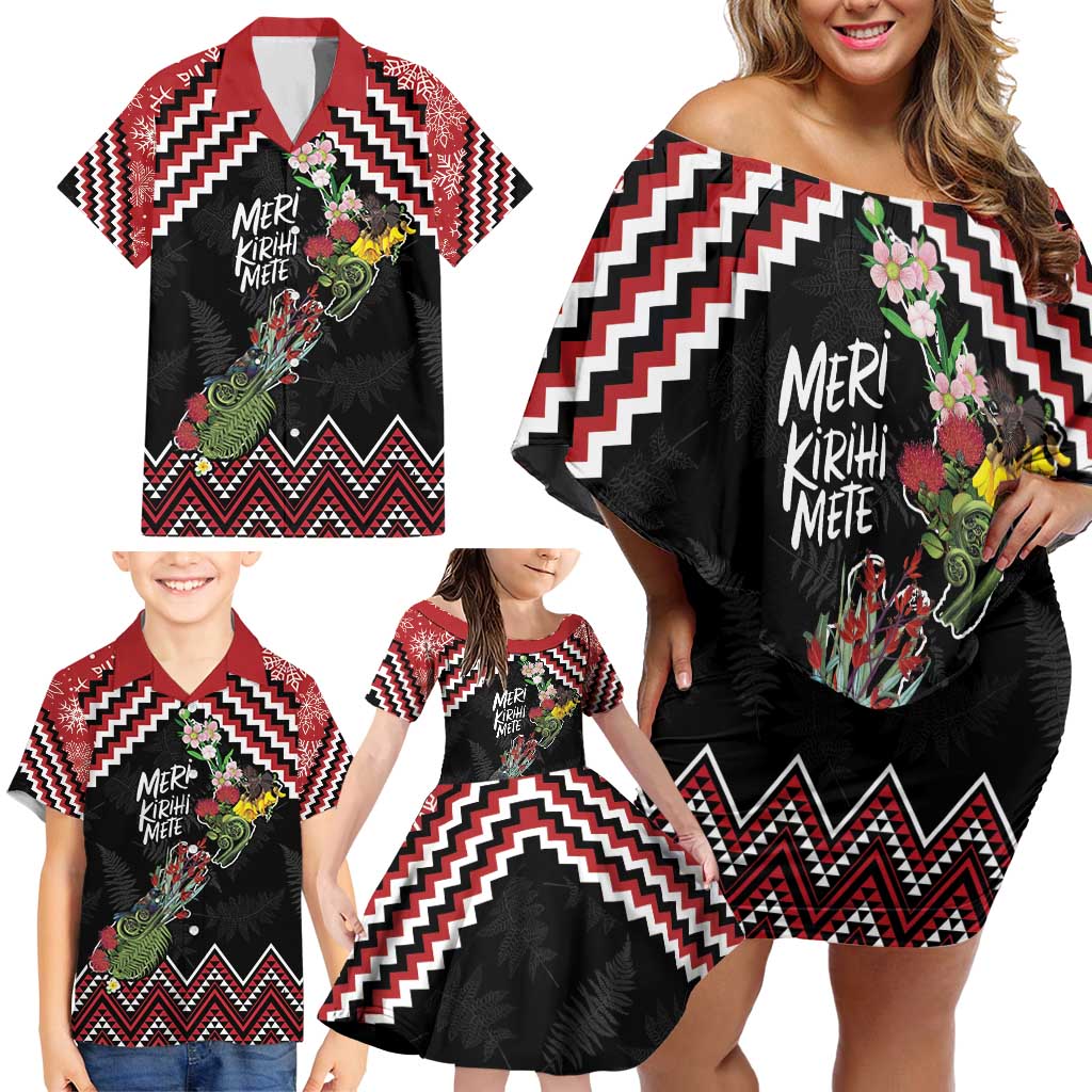 New Zealand Christmas Taniko Poutama Family Matching Off Shoulder Short Dress and Hawaiian Shirt Flora Map with Birds - Aussie Hoodie