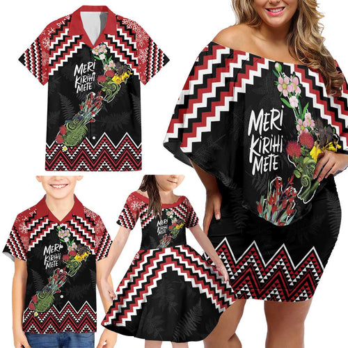 New Zealand Christmas Taniko Poutama Family Matching Off Shoulder Short Dress and Hawaiian Shirt Flora Map with Birds - Aussie Hoodie
