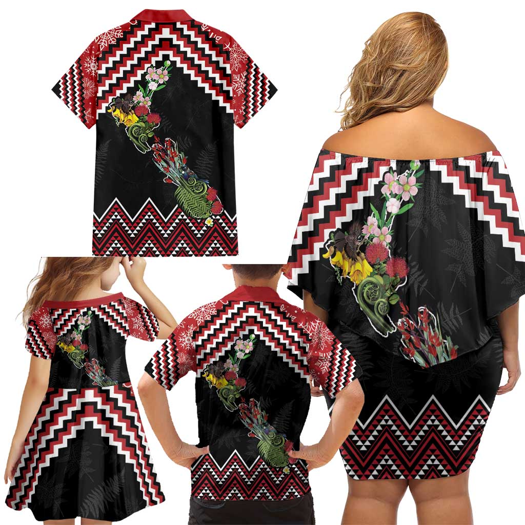 New Zealand Christmas Taniko Poutama Family Matching Off Shoulder Short Dress and Hawaiian Shirt Flora Map with Birds - Aussie Hoodie