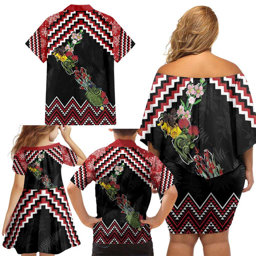 New Zealand Christmas Taniko Poutama Family Matching Off Shoulder Short Dress and Hawaiian Shirt Flora Map with Birds - Aussie Hoodie