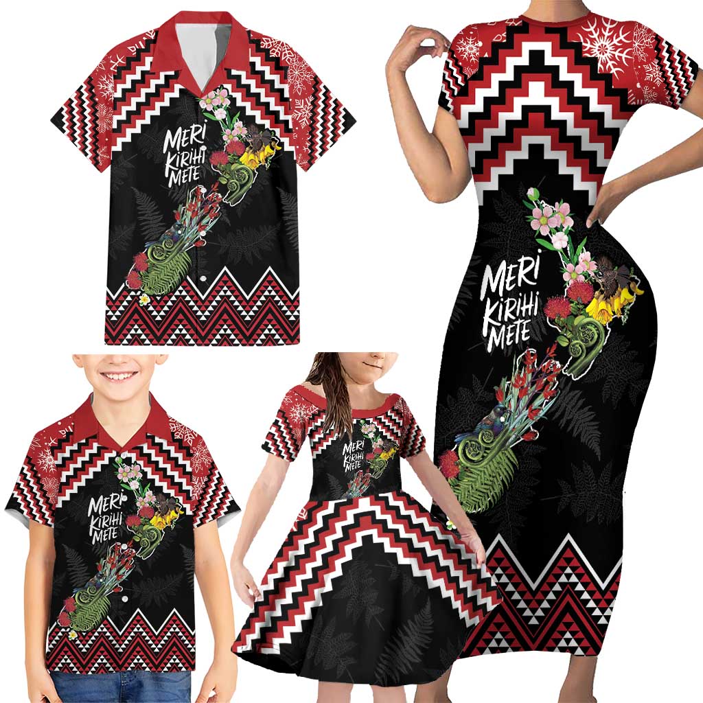 New Zealand Christmas Taniko Poutama Family Matching Short Sleeve Bodycon Dress and Hawaiian Shirt Flora Map with Birds - Aussie Hoodie