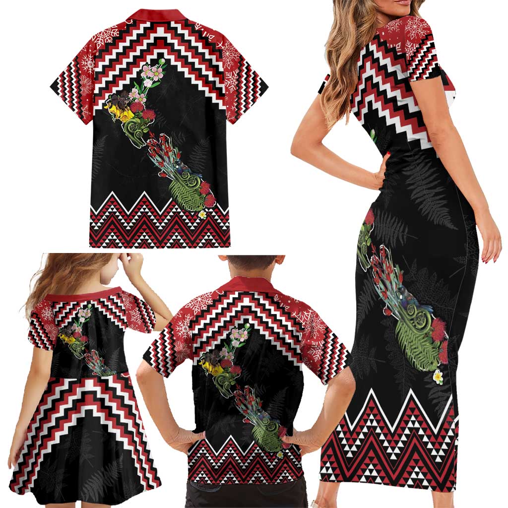 New Zealand Christmas Taniko Poutama Family Matching Short Sleeve Bodycon Dress and Hawaiian Shirt Flora Map with Birds - Aussie Hoodie