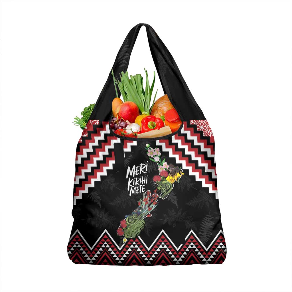 New Zealand Christmas Taniko Poutama Grocery Bag Flora Map with Birds - Aussie Hoodie