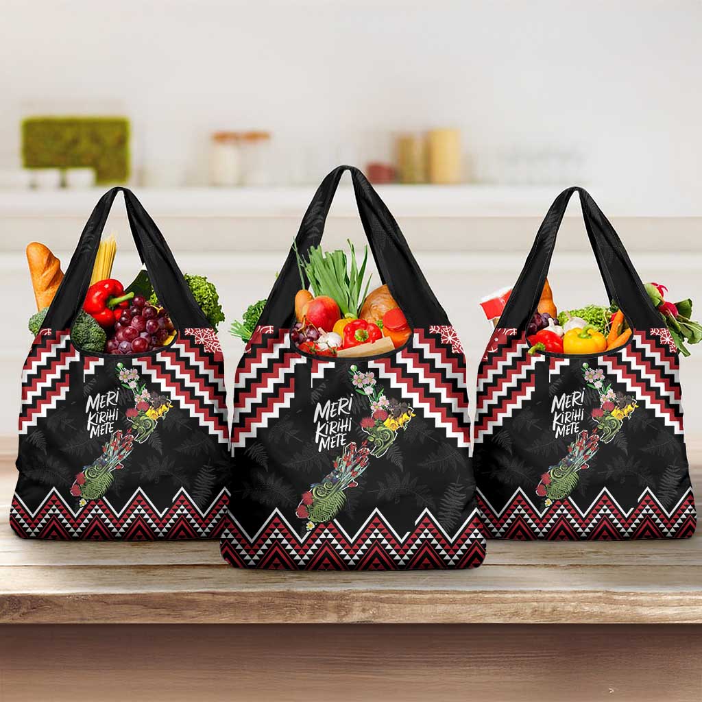 New Zealand Christmas Taniko Poutama Grocery Bag Flora Map with Birds - Aussie Hoodie