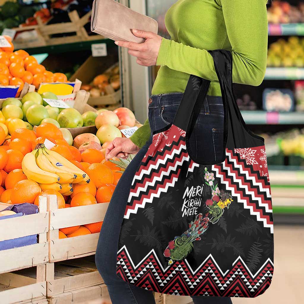 New Zealand Christmas Taniko Poutama Grocery Bag Flora Map with Birds - Aussie Hoodie