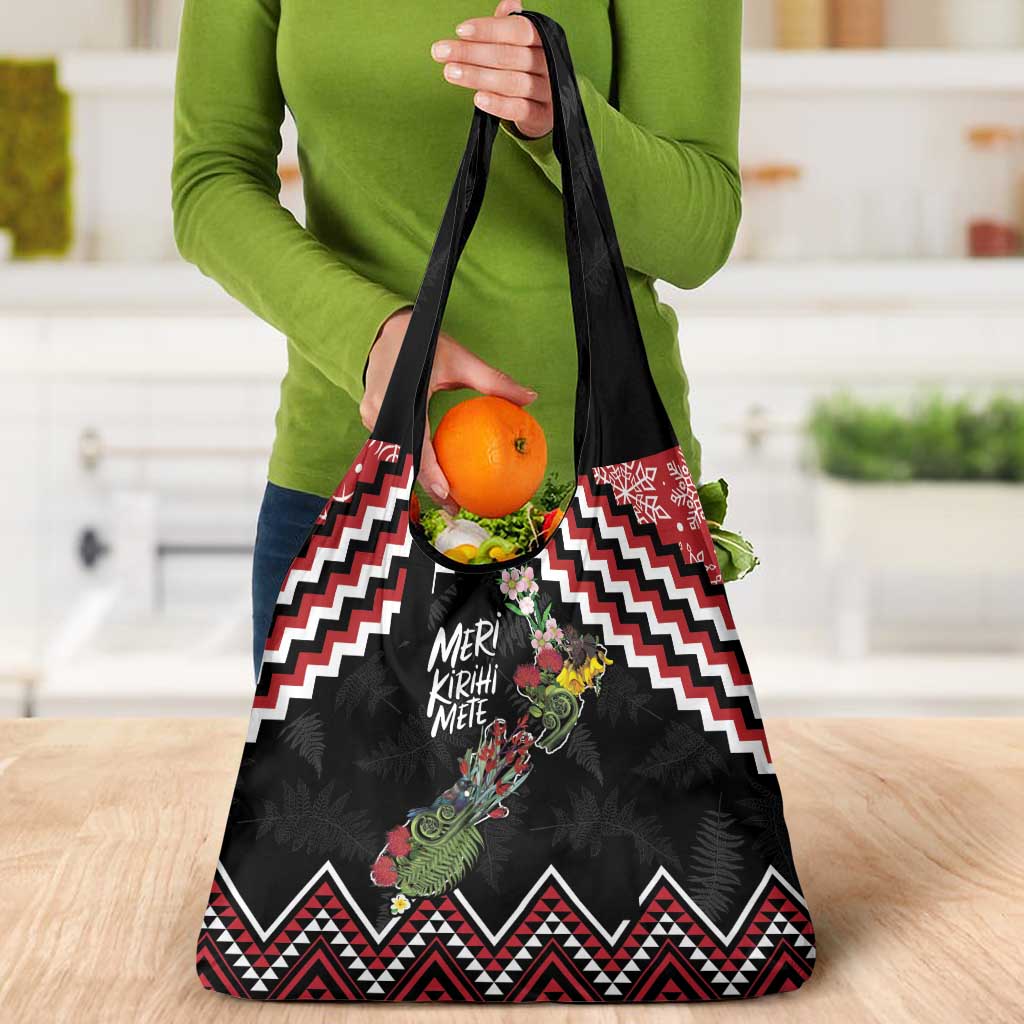 New Zealand Christmas Taniko Poutama Grocery Bag Flora Map with Birds - Aussie Hoodie