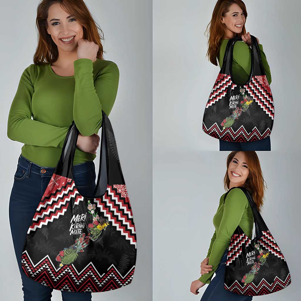 New Zealand Christmas Taniko Poutama Grocery Bag Flora Map with Birds - Aussie Hoodie