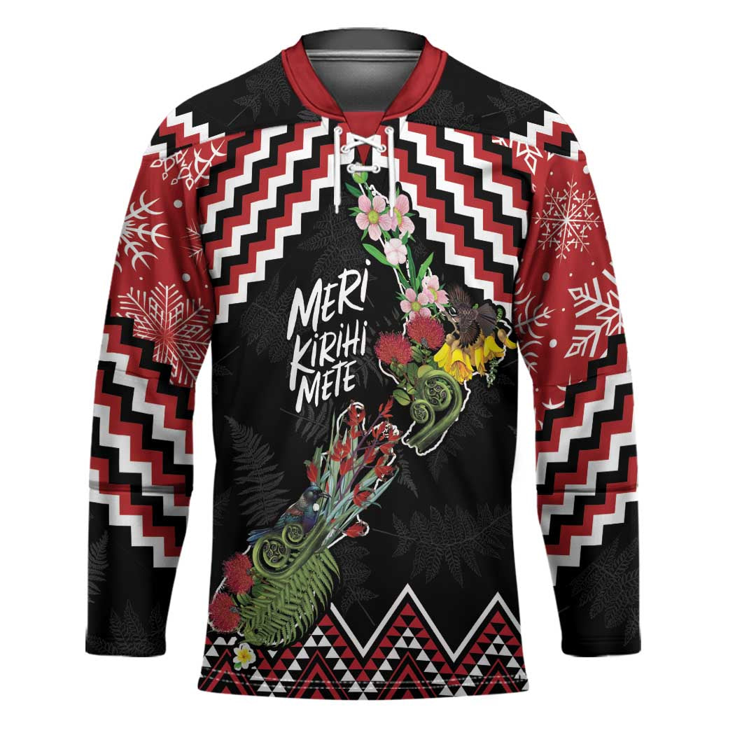 New Zealand Christmas Taniko Poutama Hockey Jersey Flora Map with Birds - Aussie Hoodie