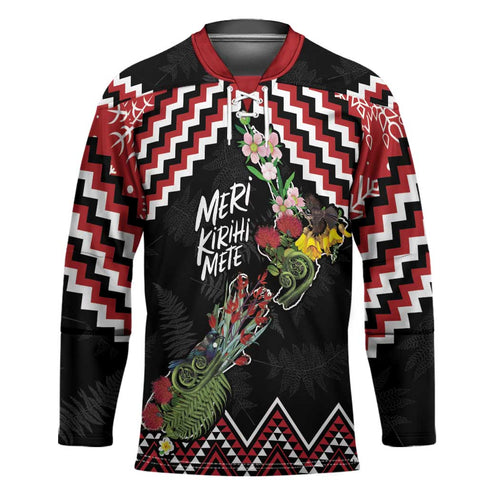 New Zealand Christmas Taniko Poutama Hockey Jersey Flora Map with Birds - Aussie Hoodie