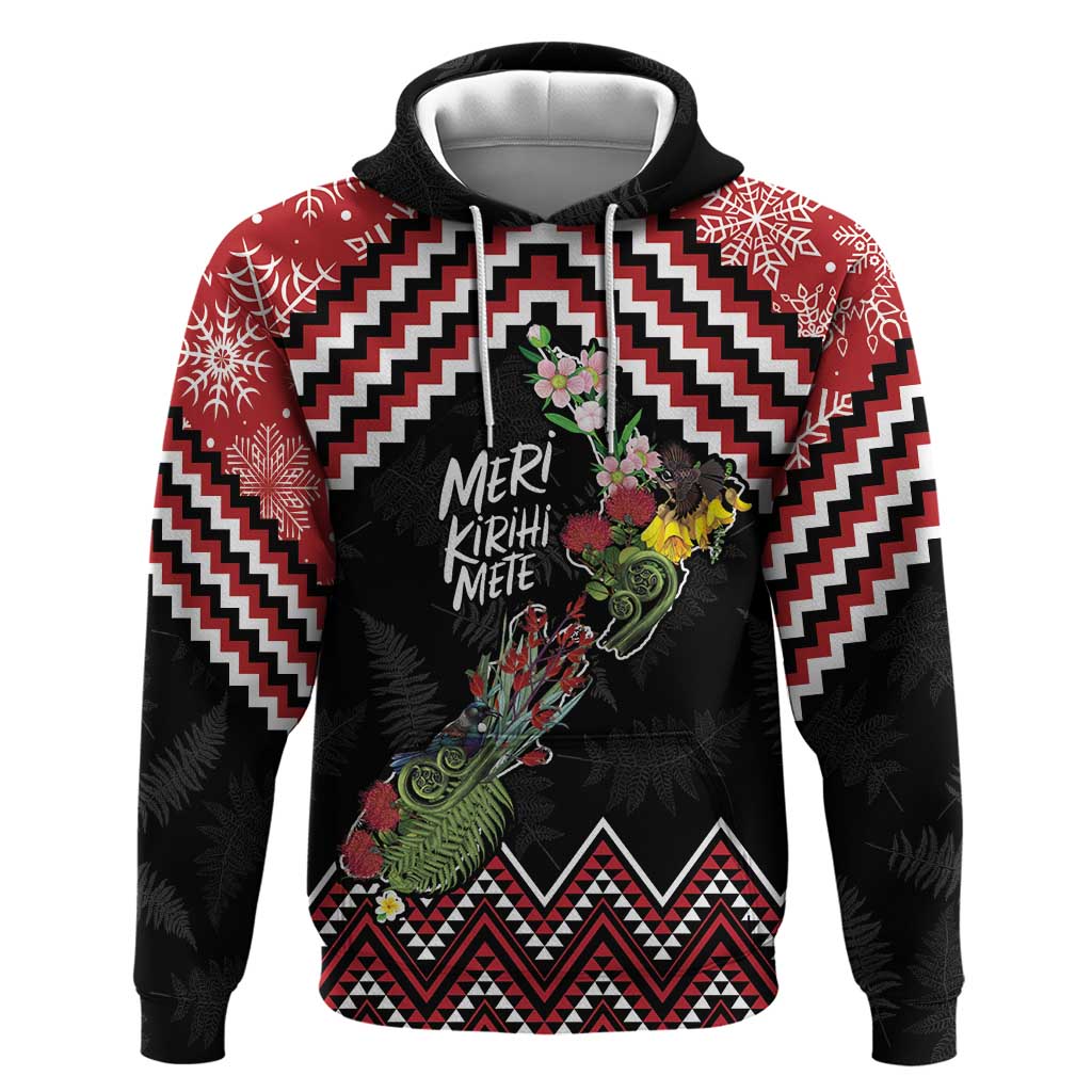 New Zealand Christmas Taniko Poutama Hoodie Flora Map with Birds - Aussie Hoodie