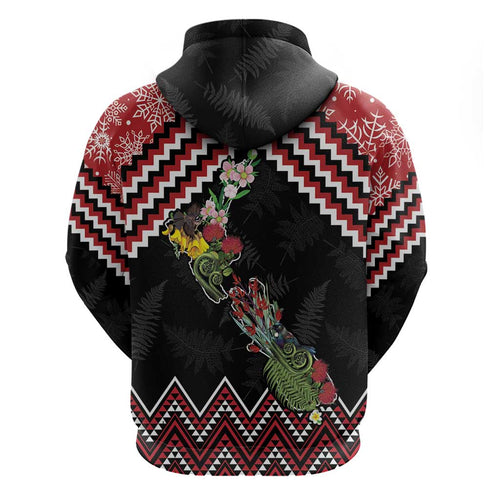 New Zealand Christmas Taniko Poutama Hoodie Flora Map with Birds - Aussie Hoodie
