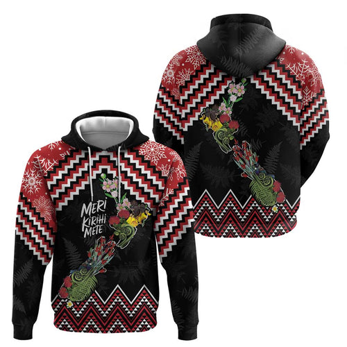 New Zealand Christmas Taniko Poutama Hoodie Flora Map with Birds - Aussie Hoodie