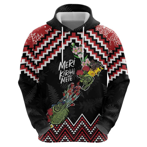 New Zealand Christmas Taniko Poutama Hoodie Flora Map with Birds - Aussie Hoodie