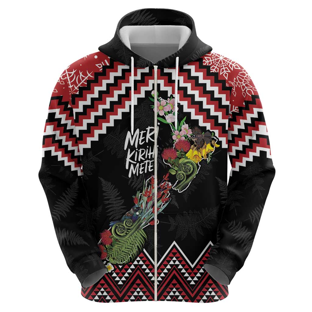New Zealand Christmas Taniko Poutama Hoodie Flora Map with Birds - Aussie Hoodie