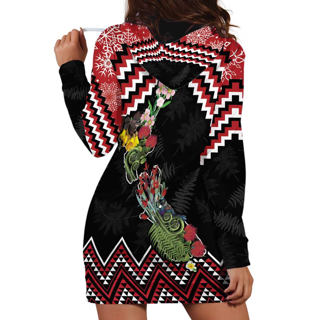 New Zealand Christmas Taniko Poutama Hoodie Dress Flora Map with Birds - Aussie Hoodie