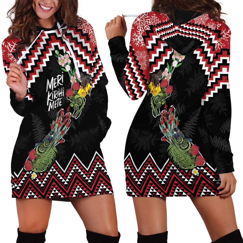 New Zealand Christmas Taniko Poutama Hoodie Dress Flora Map with Birds - Aussie Hoodie