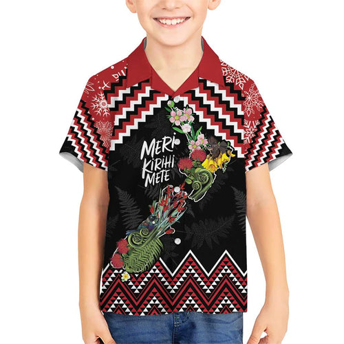 New Zealand Christmas Taniko Poutama Kid Hawaiian Shirt Flora Map with Birds - Aussie Hoodie